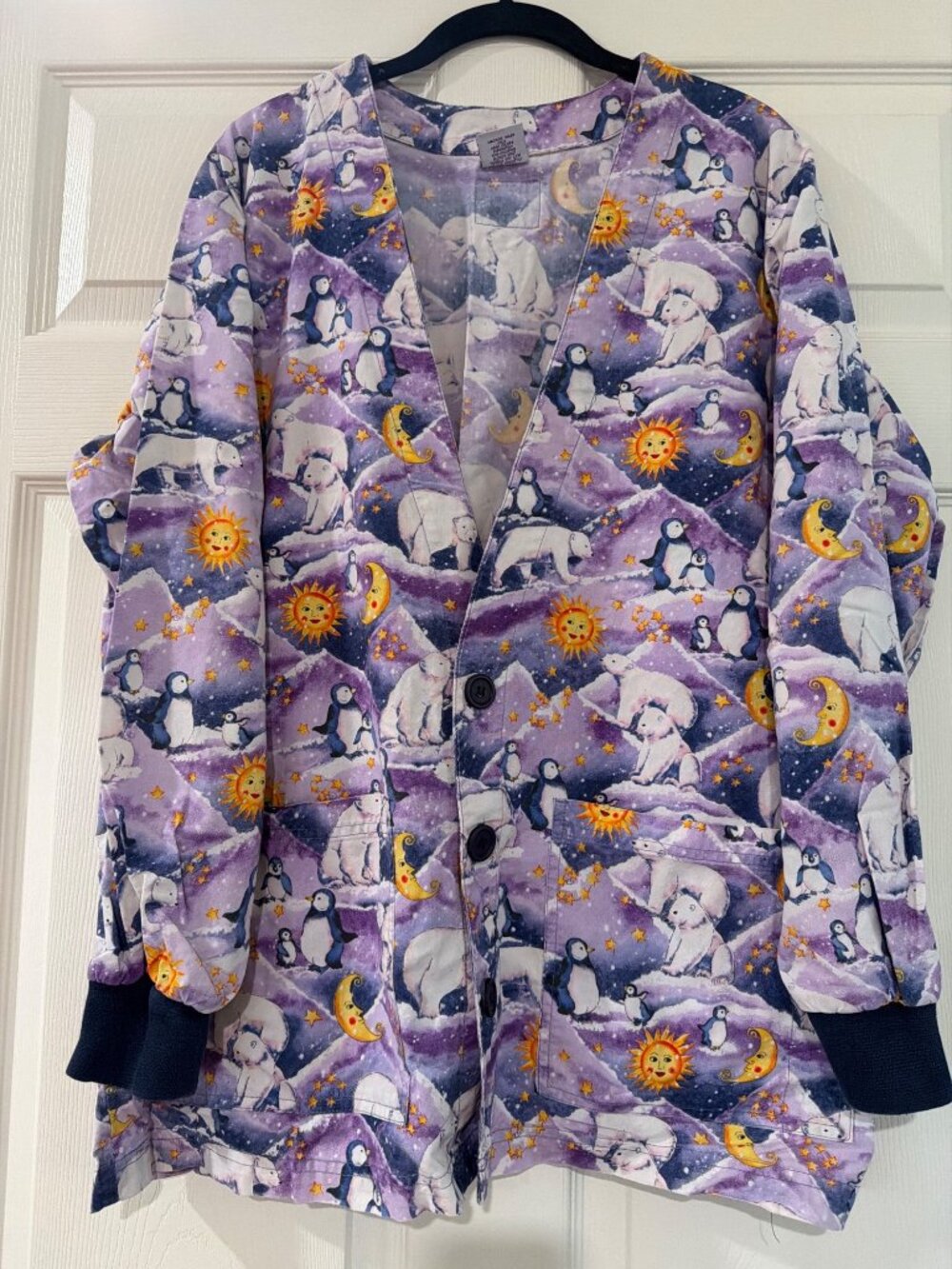 S.C.R.U.B.S. Unisex Polar Bear & Penguin Print Button-Front Scrub Jacket Purple